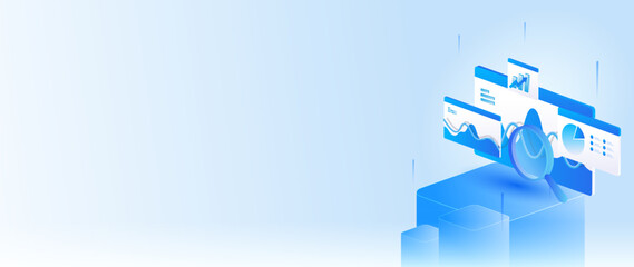 Stock market isometric of financial dashboard data analysis with charts, money, and financial metrics concept in banner web.