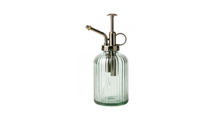 Vintage style glass spray bottle with metal pump and handle isolated on transparent background