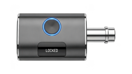 Closeup of a sleek black vape device with blue accent isolated on transparent background