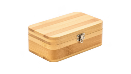 Small wooden jewelry box with metal clasp isolated on transparent background