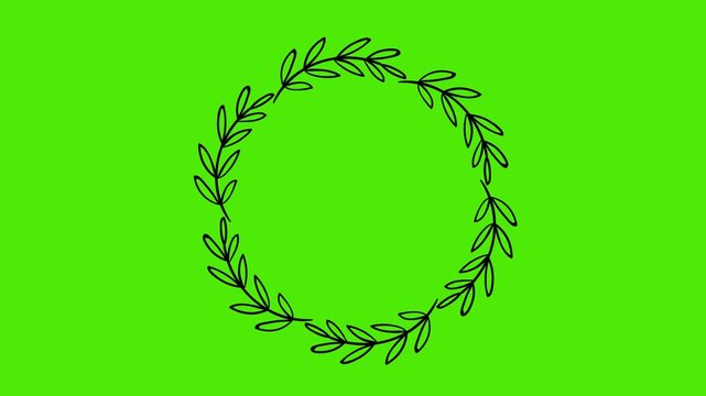 Hand drawn laurel wreath circular frame animation on green screen background