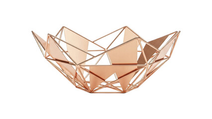 Rose gold geometric bowl with polygonal facets isolated on transparent background
