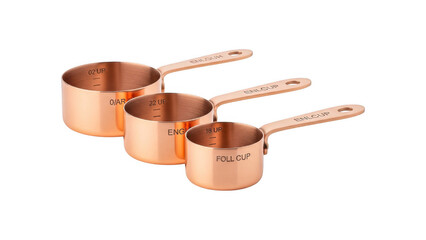 Copper measuring cups set of three with engraved measurements on handles isolated on transparent background