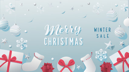 Festive christmas decorations with ornaments gifts and a winter sale announcement