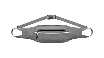 Grey fanny pack with adjustable strap and zippered pocket isolated on transparent background