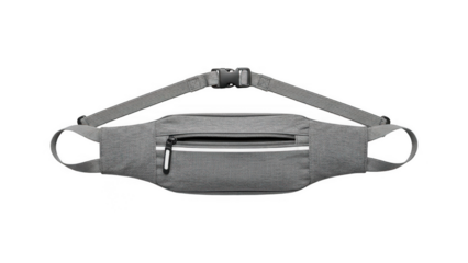 Grey fanny pack with adjustable strap and zippered pocket isolated on transparent background