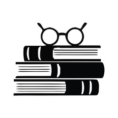 A clean, black silhouette illustration of a stack of four books with a pair of round glasses resting on top.