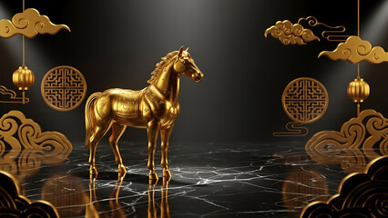 Dark Festive Chinese New Year Background with Gold Horse