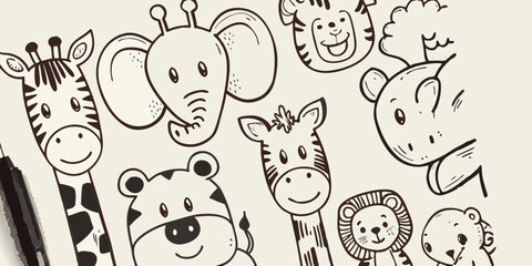 Charming hand drawn illustration of assorted cute animal faces and figures