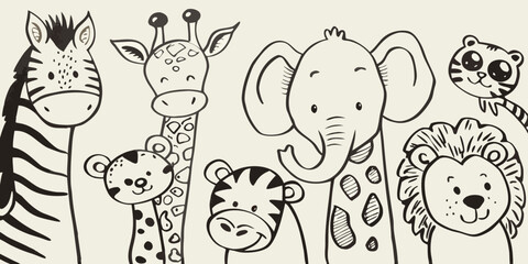 Adorable collection of sketched animals zebra giraffe elephant tiger lion and monkey © Tusar