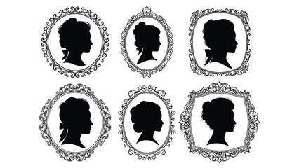 Elegant vintage portraits of women in ornate frame designs for classic artistic or decorative use with profile Silhouette vector on whit Background © Shela