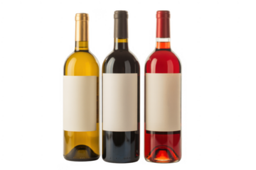 Three wine bottles with blank labels isolated on a transparent background