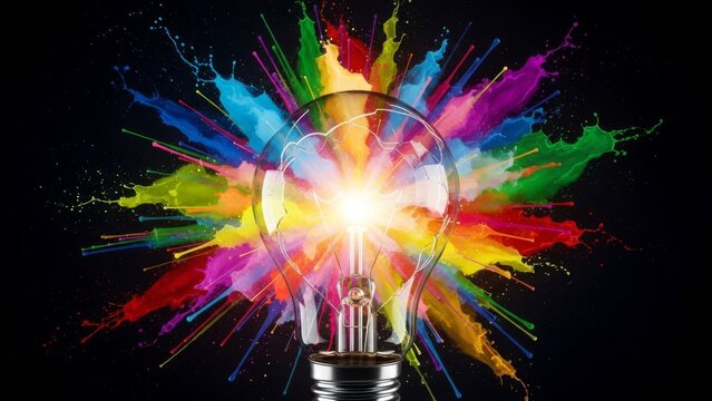 Creative explosion of colorful paint bursting from a glowing light bulb signifying bright ideas - Powered by Adobe