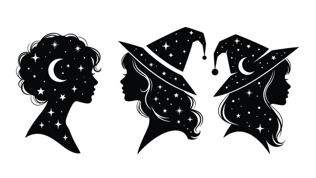 Elegant illustration of three female profiles with starry night sky and moon motifs, featuring whimsical witch hats and magical Silhouette vector on whit Background