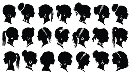 Collection of diverse silhouettes of women's hairstyles and hair accessories in profile view illustration Silhouette vector on whit Background