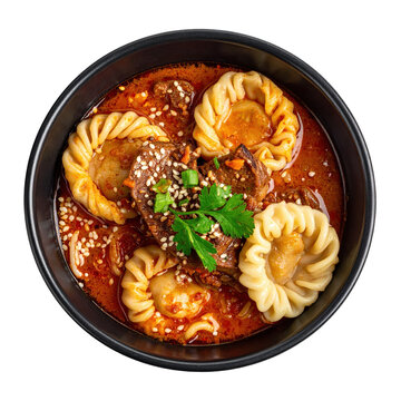 Close-up of kyrgyz lagman soup in a dark bowl, focusing on the savory broth, tender meat and thick, satisfying hand-pulled noodles