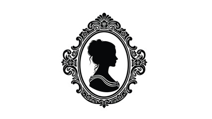 Elegant vintage of a woman in profile within ornate decorative frame for classic portrait or historical theme design Silhouette vector on whit Background © Shela