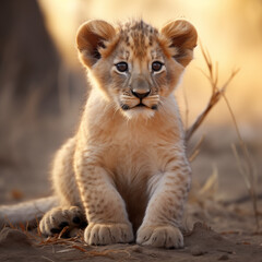 Obraz premium Charming Baby Lion Cub Portrait in Golden African Savanna Sunset. Cute Wild Animal Safari Wildlife Photography.