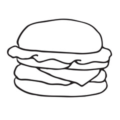Hand-drawn hamburger illustration in simple outline style. Black line fast food icon isolated on white background