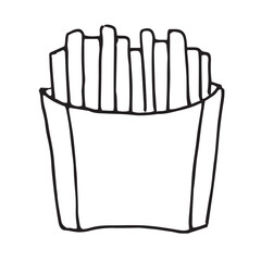 Hand-drawn french fries in a carton. Simple black outline illustration isolated on white background