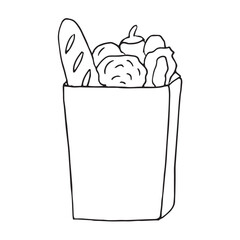 Hand-drawn grocery bag with food items. Simple outline illustration in doodle style, isolated on white background