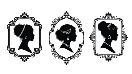 Elegant vintage portraits of women in ornate frames illustrating classic beauty and timeless style for artistic Silhouette vector on whit Background