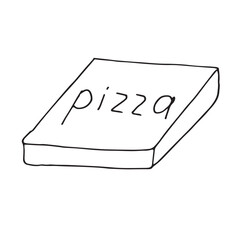 Hand-drawn pizza box with lettering. Simple outline illustration in doodle style, isolated on white background