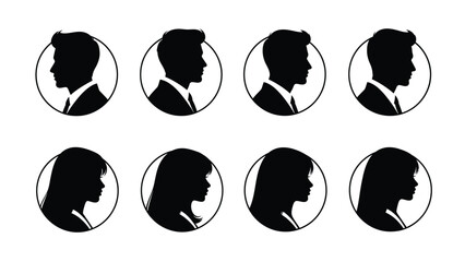Set of diverse black and white illustrations of male and female profiles with varying hairstyles and ages for graphic Silhouette vector on whit Background