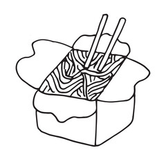 Hand-drawn noodles in a takeout box with chopsticks. Outline doodle illustration isolated on white background
