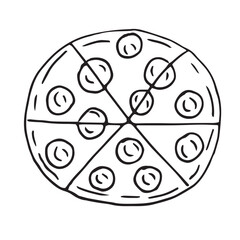 Hand-drawn sliced pizza illustration with toppings. Minimal black outline style, isolated on white background