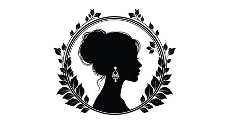 Elegant of a woman with an updo hairstyle and earrings surrounded by a decorative floral frame in a minimalist black Silhouette vector on whit Background