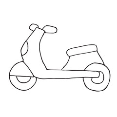 Hand-drawn delivery scooter illustration in black outline style. Simple transportation icon isolated on white background