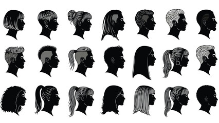 Diverse collection of black silhouettes of women's hairstyles and hairstyles in profile for fashion and beauty illustration Silhouette vector on whit Background