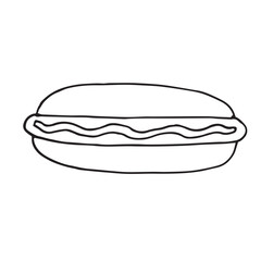 Hand-drawn hot dog illustration in bun with sausage. Minimal black outline style isolated on white background