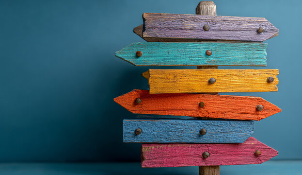Colorful wooden signpost with multiple arrows in various bright colors and textured surface, mounted on a wooden post against a blue background