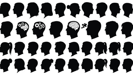 Collection of black profiles of human heads with various brain and mind icons representing thinking creativity and mental Silhouette vector on whit Background