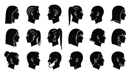 Set of diverse black illustrations of people with various hairstyles and accessories for diversity and inclusion Silhouette vector on whit Background