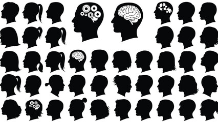 Collection of black illustrations of human heads with various brain and mind concepts for psychological and mental Silhouette vector on whit Background