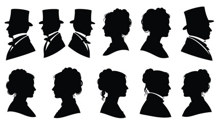 Elegant victorian style silhouettes of men and women in formal attire for historical and classic design projects Silhouette vector on whit Background