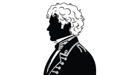 Elegant of a historical military officer in profile with detailed uniform and curly hair illustration with military uniform Silhouette vector on whit Background