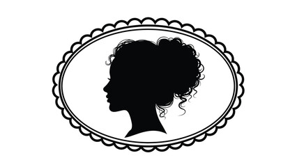 Elegant of a woman with curly hair in profile view within an ornate oval frame digital illustration with fashion Silhouette vector on whit Background