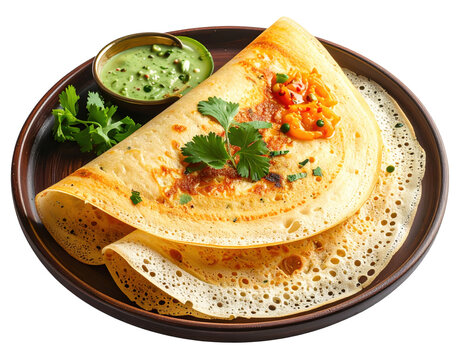 Crispy indian uttapam with spicy chutney and fresh herbs