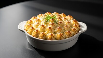 Elegant Individual Fish Pie, Gourmet Restaurant Plating, Seafood Delight, Sophisticated British Cuisine
