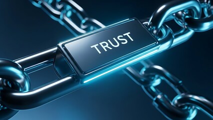 Futuristic metallic chain link with the word TRUST glowing, representing digital security.