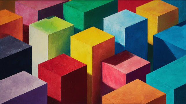 A vibrant array of colorful blocks arranged in a pattern, creating a visually striking composition. Each block features a different hue, with light and shadow adding dimension to the artwork