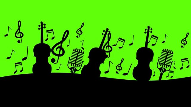 Musical instruments silhouettes with floating notes animation on green screen