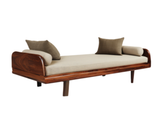 Wood framed daybed with beige cushions and soft pillows