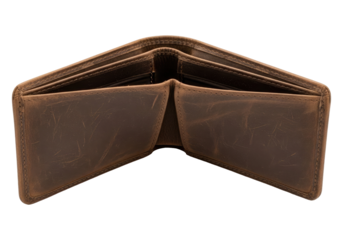 Open Brown Leather Bifold Wallet for Men Isolated on Transparent PNG Background.