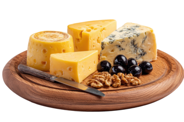 Assorted cheeses, olives, walnuts on a wooden board