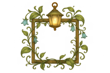 Wooden frame with glowing lantern and botanical bellflowers artwork